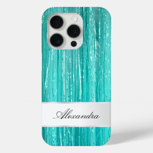 Girly Aqua Mint Glam Glitzy Tinsel Stripes  iPhone 15 Pro Case