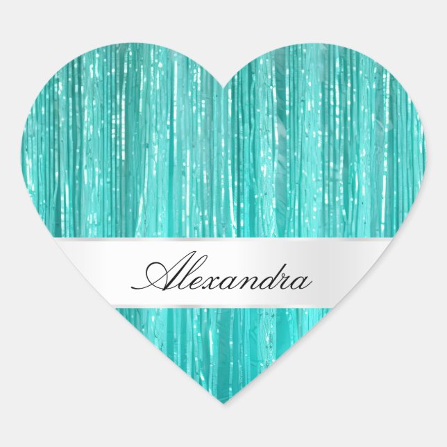 Girly Aqua Mint Glam Glitzy Tinsel Stripes  Heart Sticker (Front)