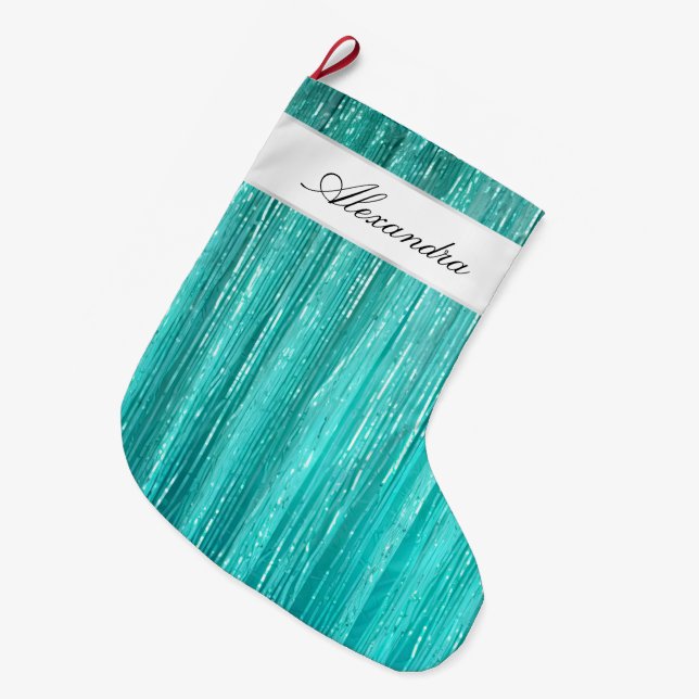 Girly Aqua Mint Glam Glitzy Tinsel Stripes  Large Christmas Stocking (Front (Hanging))