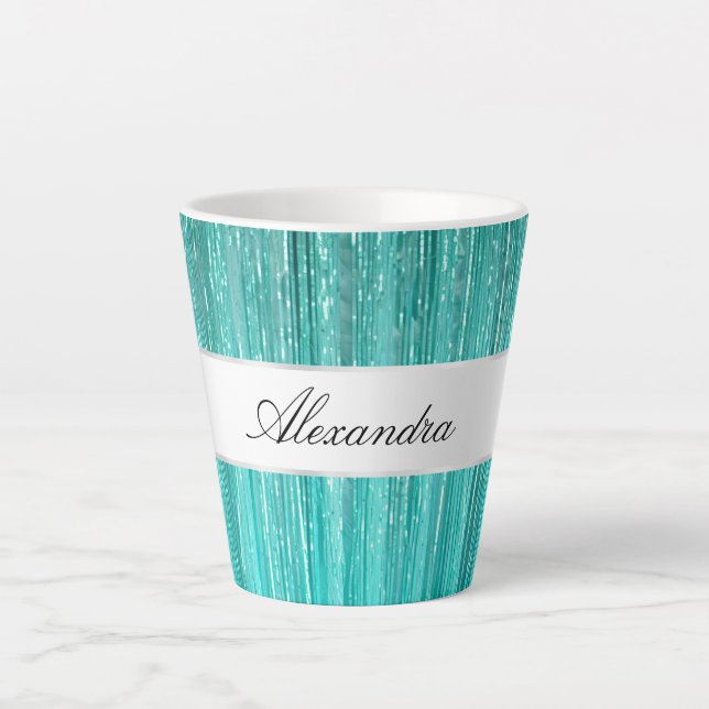 Girly Aqua Mint Glam Glitzy Tinsel Stripes  Latte Mug (Front)