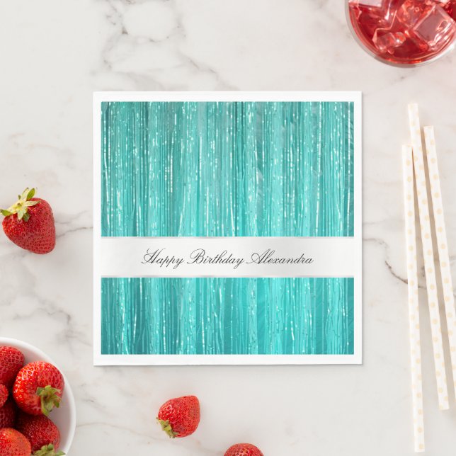Girly Aqua Mint Glam Glitzy Tinsel Stripes  Napkins (Insitu)