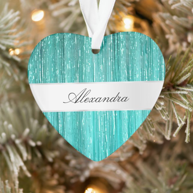 Girly Aqua Mint Glam Glitzy Tinsel Stripes  Ornament (Tree)