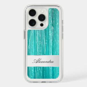 Girly Aqua Mint Glam Glitzy Tinsel Stripes  iPhone 15 Pro Case
