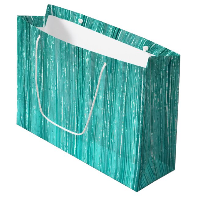 Girly Aqua Mint Glam Tinsel Stripes  Large Gift Bag (Front Angled)