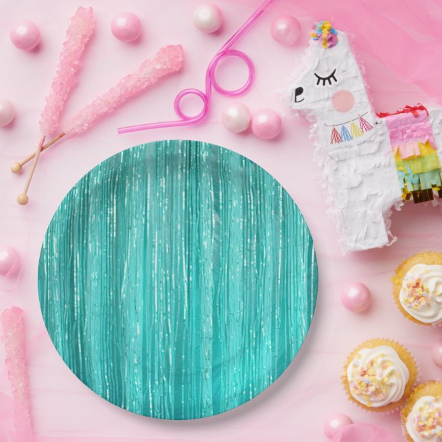 Girly Aqua Mint Glam Tinsel Stripes  Paper Plates (Party)