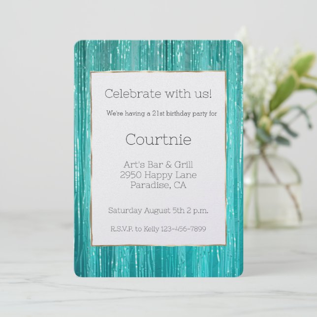Girly Aqua Mint Tinsel Stripes Gold 21st Birthday Invitation (Standing Front)