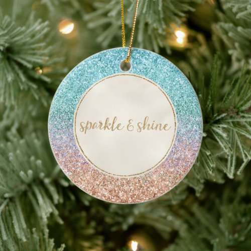 Girly Aqua Peach Gold Purple Mint Mermaid Glitter Ceramic Ornament