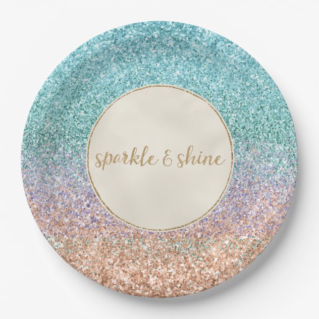 Girly Aqua Peach Gold Purple Mint Mermaid Glitter Paper Plates (Front)