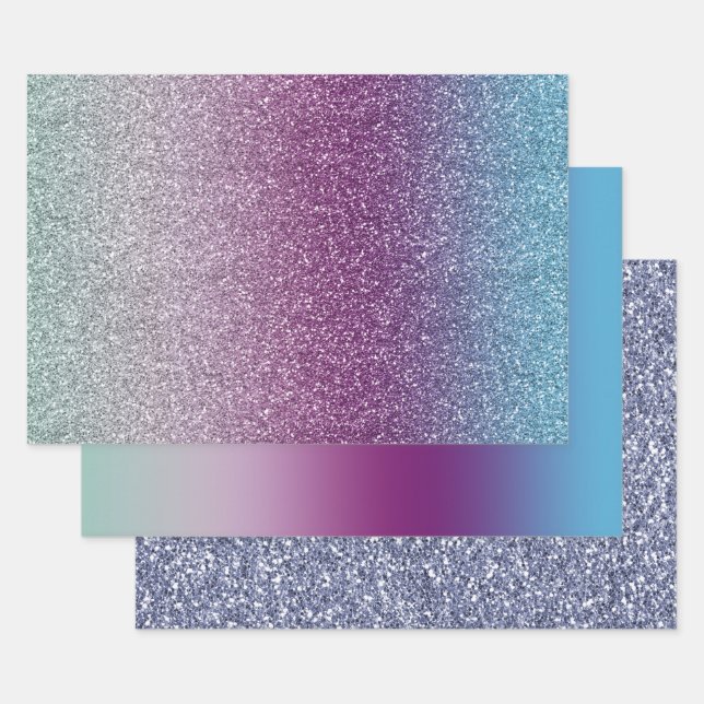 Girly Aqua Purple Mint Pink Glitter ombre Wrapping Paper Sheets (Set)