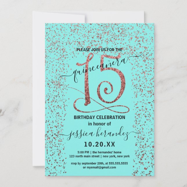 Girly Aqua Rose Gold Confetti Border Quinceañera Invitation (Front)