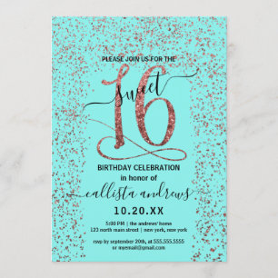 Girly Aqua Rose Gold Confetti Border Sweet 16 Invitation
