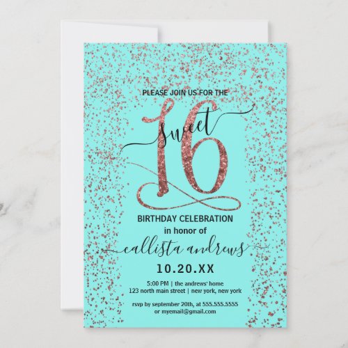 Girly Aqua Rose Gold Confetti Border Sweet 16 Invitation