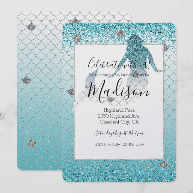 Girly Aqua Silver Glitter Ombre Sparkle Mermaid Invitation (Front/Back)