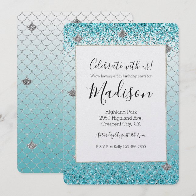 Girly Aqua Silver Glitter Sparkle Mermaid Birthday Invitation (Front/Back)