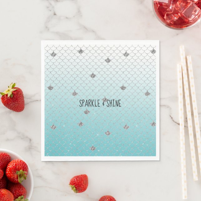 Girly Aqua Silver Glitter Sparkle Mermaid Napkins (Insitu)