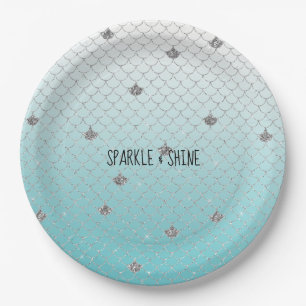 Girly Aqua Silver Glitter Sparkle Mermaid Paper Plates