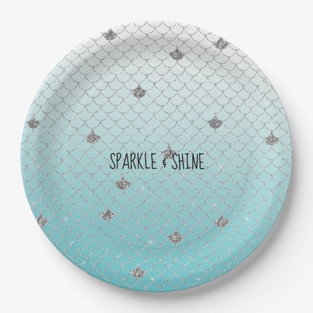 Girly Aqua Silver Glitter Sparkle Mermaid Paper Plates (Front)