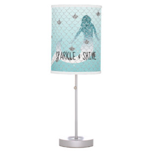 Girly Aqua Silver Glitter Sparkle Mermaid Table Lamp