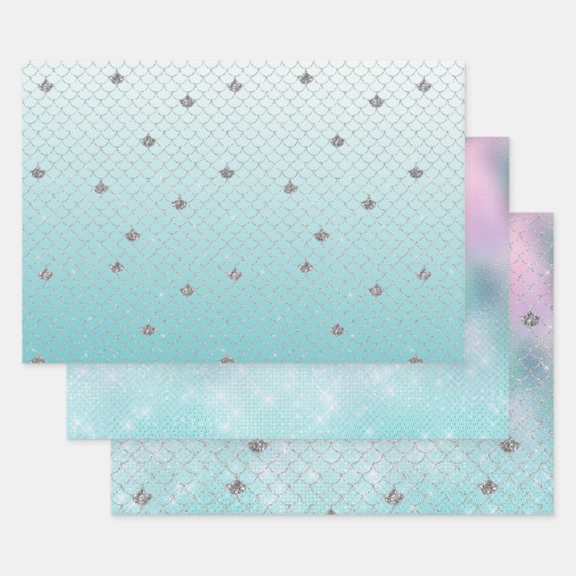 Girly Aqua Silver Glitter Sparkle Mermaid Wrapping Paper Sheets (Set)