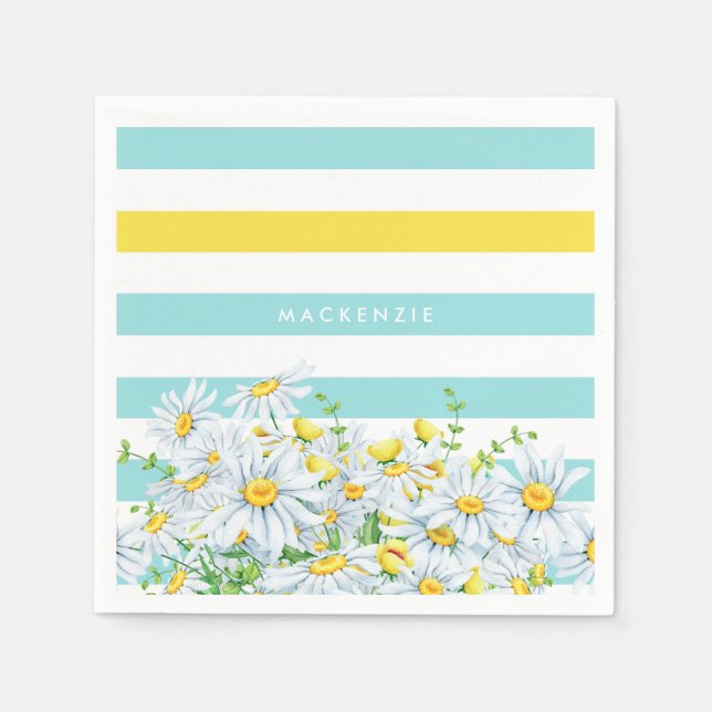 Girly Aqua Stripes With Yellow Daisies and Name Paper Napkins (Front)