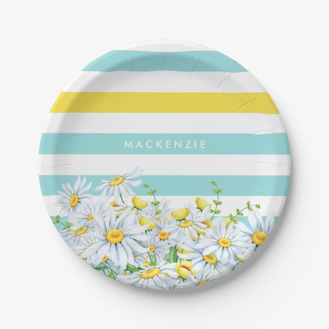 Girly Aqua Stripes With Yellow Daisies and Name Paper Plates (Front)