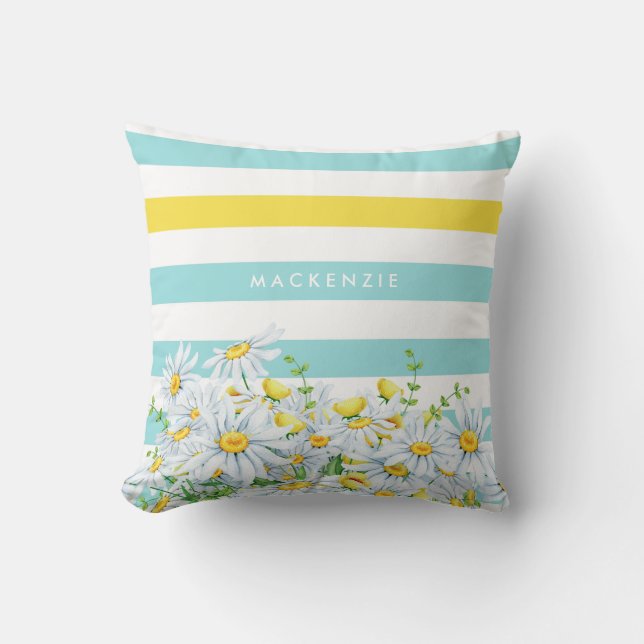 Girly Aqua Stripes With Yellow Daisies and Name Throw Pillow (Front)