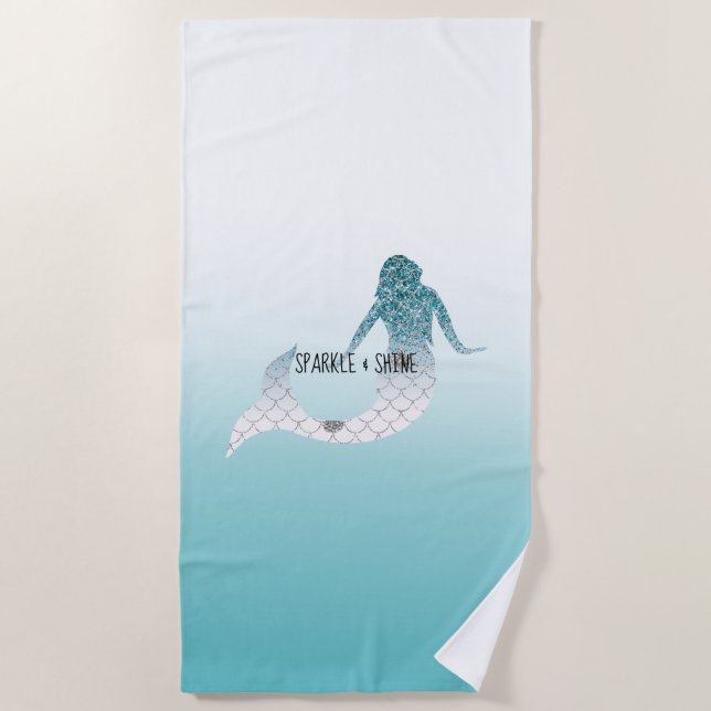 Girly Aqua Teal Glitter Sparkle Mermaid Beach Towel (Front)