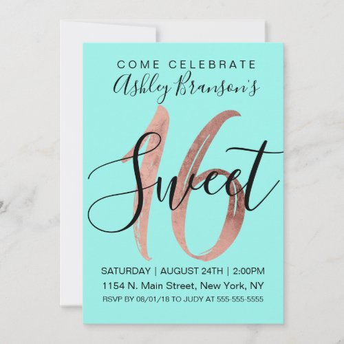 Girly Aqua Teal Rose Gold Foil Sweet 16 Invitation