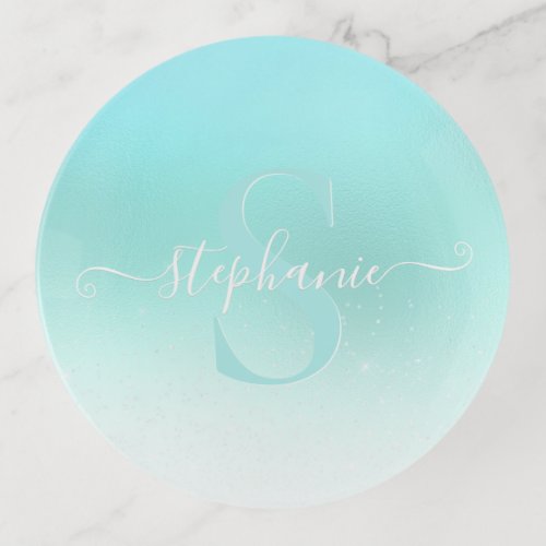 Girly Aqua Teal Shimmer Sparkle Monogram Trinket Tray