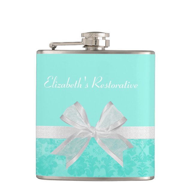 Girly Aqua Turquoise Damask White Ribbon With Name Flask (Front)