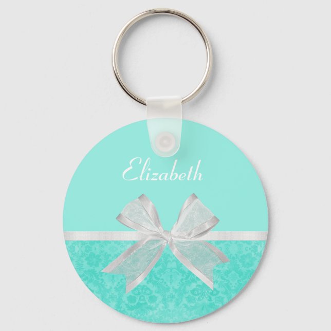 Girly Aqua Turquoise Damask White Ribbon With Name Keychain (Front)
