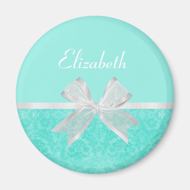 Girly Aqua Turquoise Damask White Ribbon With Name Magnet (Front)