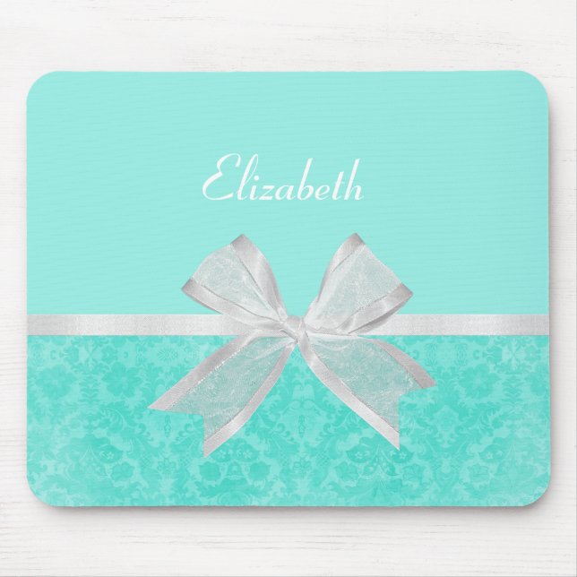 Girly Aqua Turquoise Damask White Ribbon With Name Mouse Pad (Front)