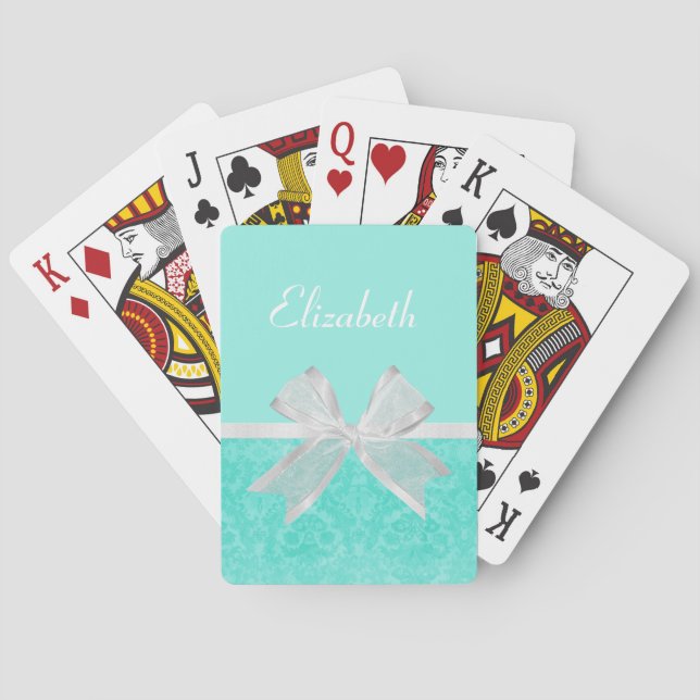 Girly Aqua Turquoise Damask White Ribbon With Name Poker Cards (Back)