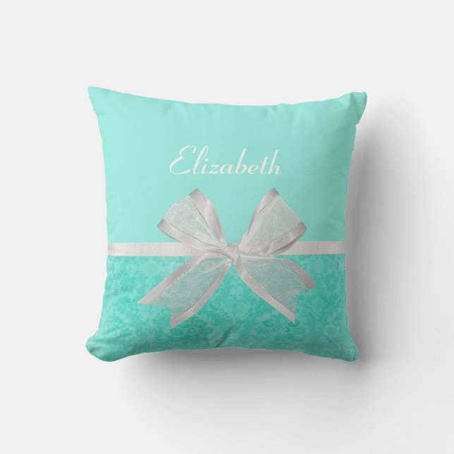 Girly Aqua Turquoise Damask White Ribbon With Name Throw Pillow (Front)