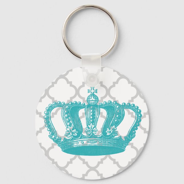 GIRLY AQUA VINTAGE CROWN GREY QUATREFOIL PATTERN KEYCHAIN (Front)