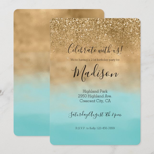 Girly Aqua Watercolor Gold Glitter Invitation (Front/Back)