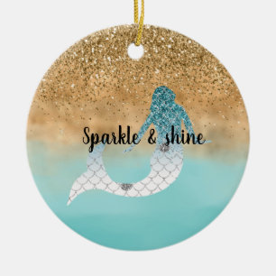 Girly Aqua Watercolor Gold Glitter Mermaid   Ceramic Ornament