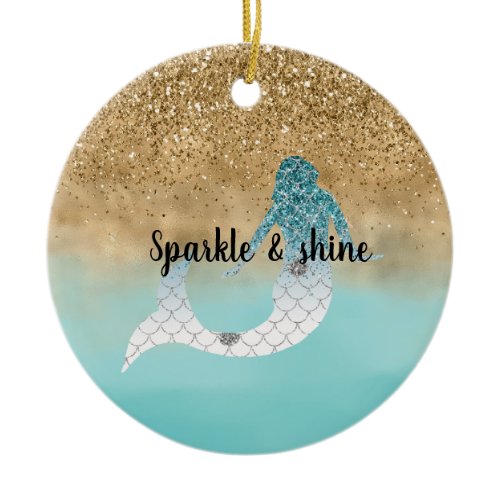 Girly Aqua Watercolor Gold Glitter Mermaid   Ceramic Ornament