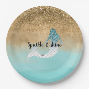 Girly Aqua Watercolor Gold Glitter Mermaid    Paper Plates