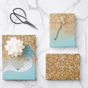 Girly Aqua Watercolor Gold Glitter Mermaid Wrapping Paper Sheets