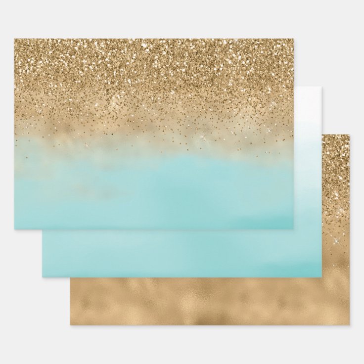 Girly Aqua Watercolor Gold Glitter Wrapping Paper Sheets | Zazzle