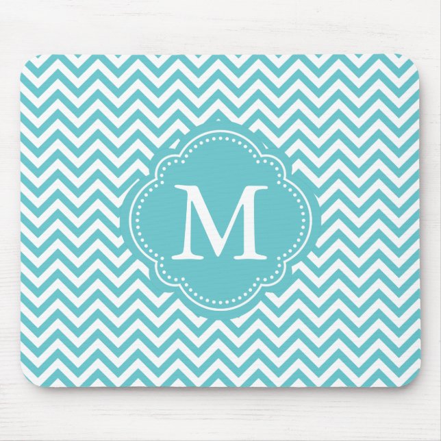 Girly Aqua White Chevron Stripes Monogram Mouse Pad (Front)