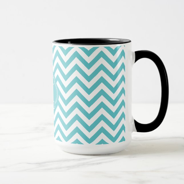 Girly Aqua White Chevron Stripes Monogram Mug (Right)