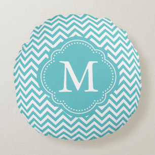 Girly Aqua White Chevron Stripes Monogram Round Pillow