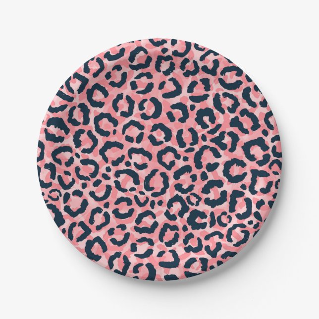 Girly Artsy Pink Blue Leopard Animal Print Paper Plates (Front)