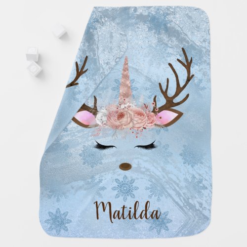 Girly baby blue marble unicorn reindeer snowflakes baby blanket