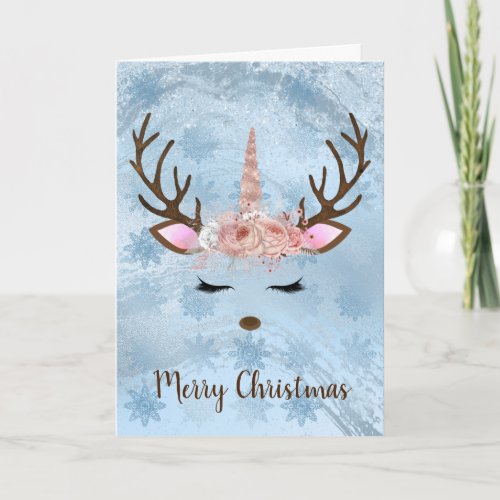Girly baby blue marble unicorn reindeer snowflakes card