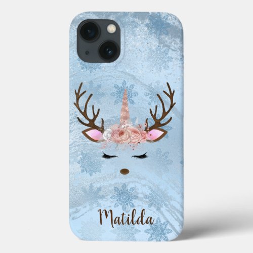 Girly baby blue marble unicorn reindeer snowflakes iPhone 13 case
