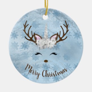 Girly baby blue marble unicorn reindeer snowflakes ceramic ornament